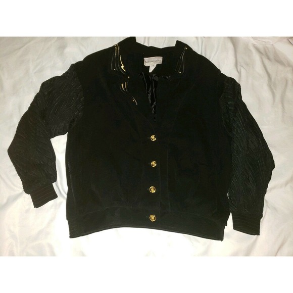 Vintage 80s Bomber Jacket Brenda Goode Black Lace Suede Gold Button Womens - Picture 2 of 5